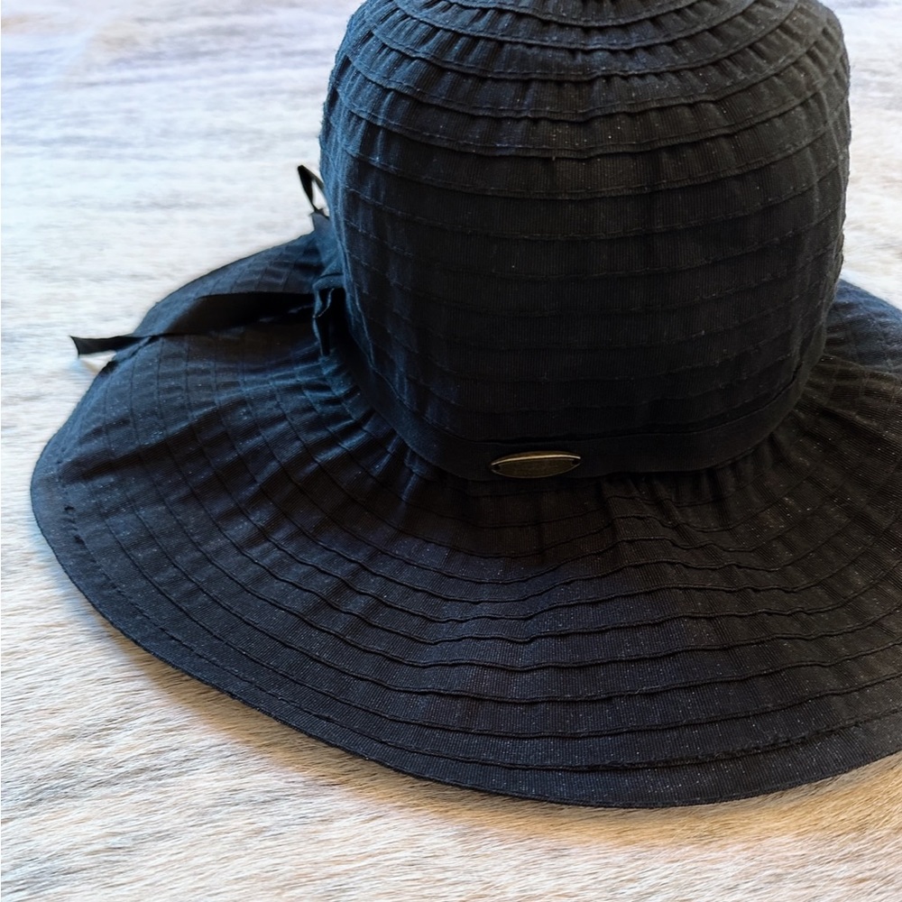 NWOT Cappelli Straworld Black Oversized Ribbon Sun Hat UPF 50+ 5” Brim, Packable - Picture 6 of 14